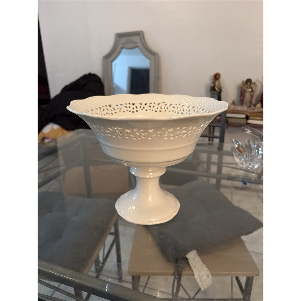 Vintage I. Godinger & Co. White Ceramic Pierced Pedestal Bowl Compote 10"